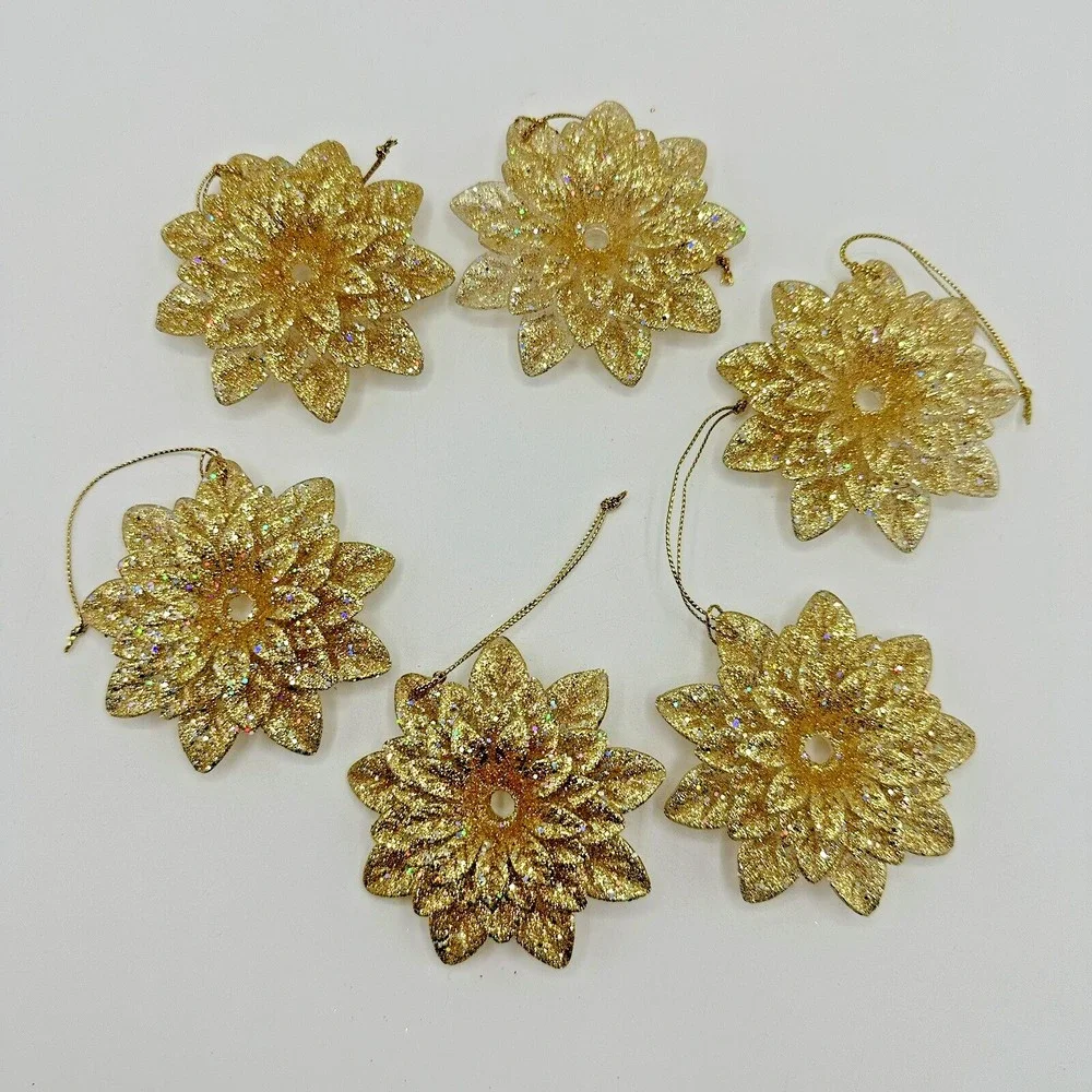 6 Piece Lot Set Of Gold Glitter Poinsettia Christmas Ornaments 3